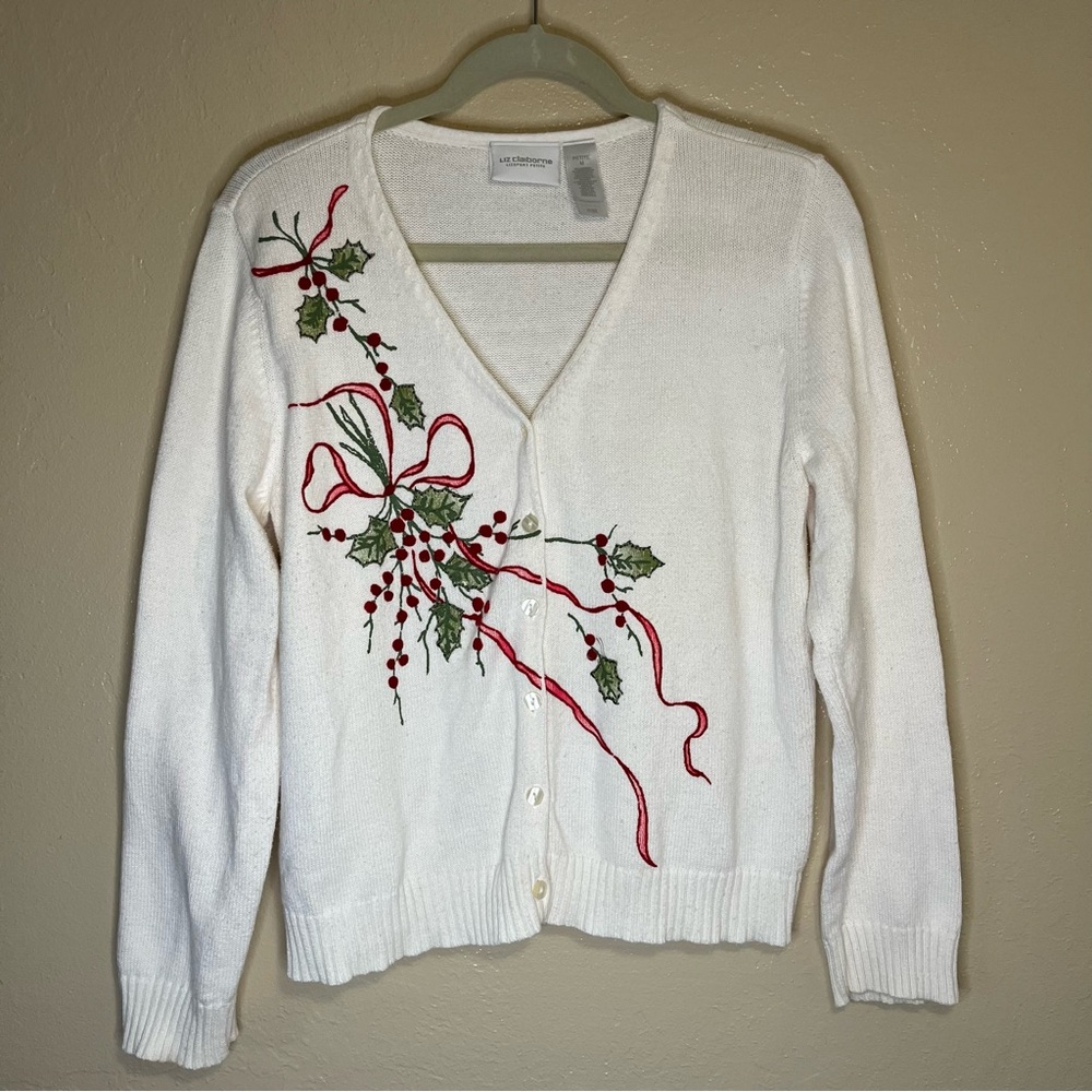 Liz Claiborne Cardigan Embroidered Holly Holiday Christmas Sz M Petite White
